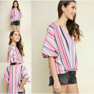 Umgee Pink Multicored Striped Ruffle Bell Sleeve Gathered Front Blouse Small
